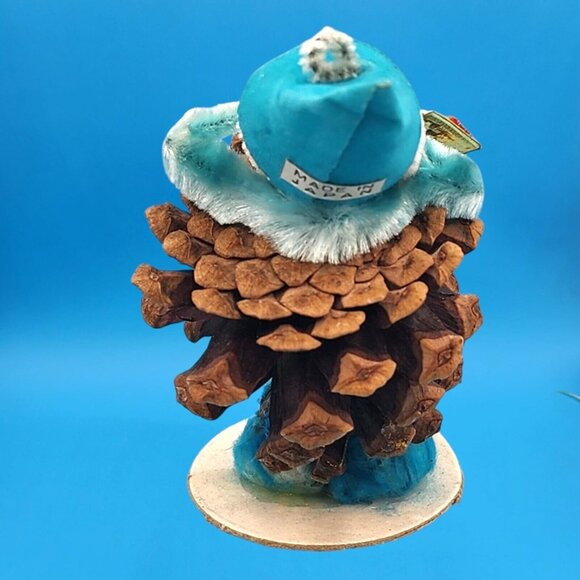 Vintage 1960s Pinecone Elf Ornament Blue Flocked Hat Chenille Arms Foil Stocking - Picture 4 of 9